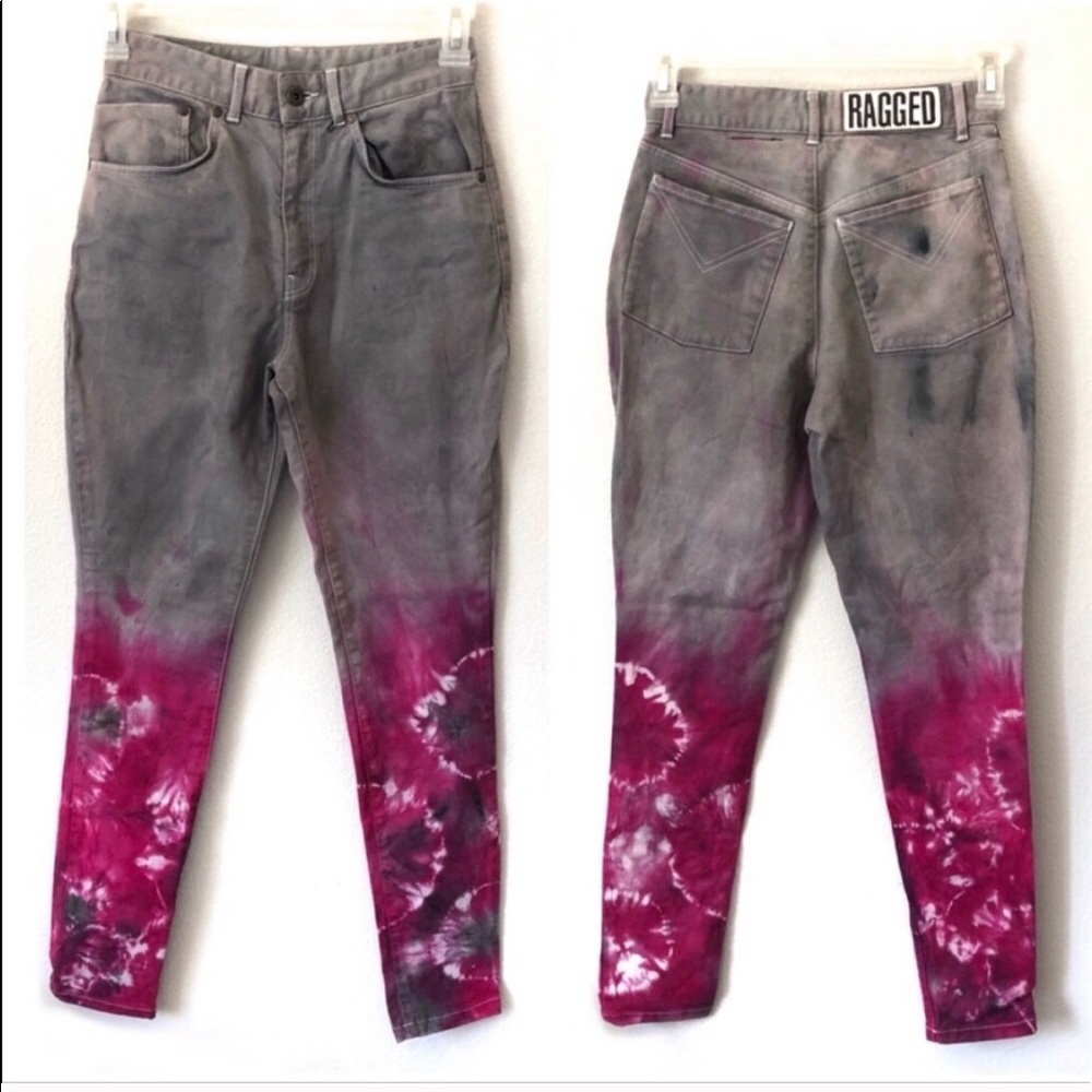 RAGGED PRIEST High Waist Tie Dye Skinny Ankle Jeans Dip Dyed Pink Gray S…